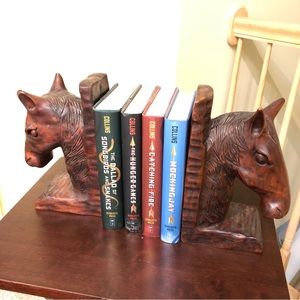 Carved, wooden horse head bookends